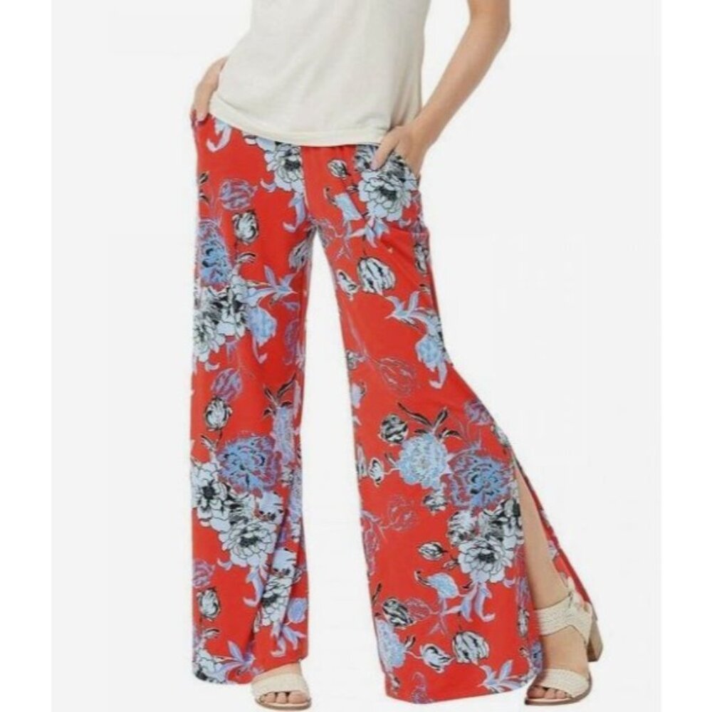 G.I.L.I. Jetsetter Side Slit Wide Leg Pants Womens M Red Floral Pull On‎ Pockets